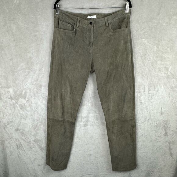 The Row Pants - The Row Pants Womens 10 Green 100% Lambskin Suede Straight Pockets High Rise